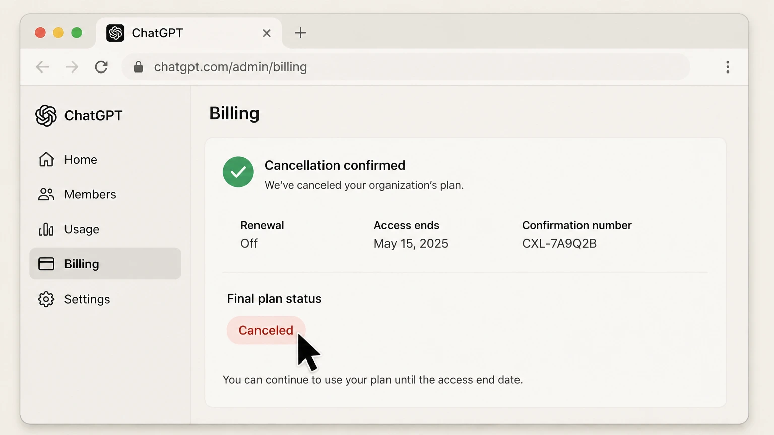 ChatGPT organization cancellation: Keep partner confirmation