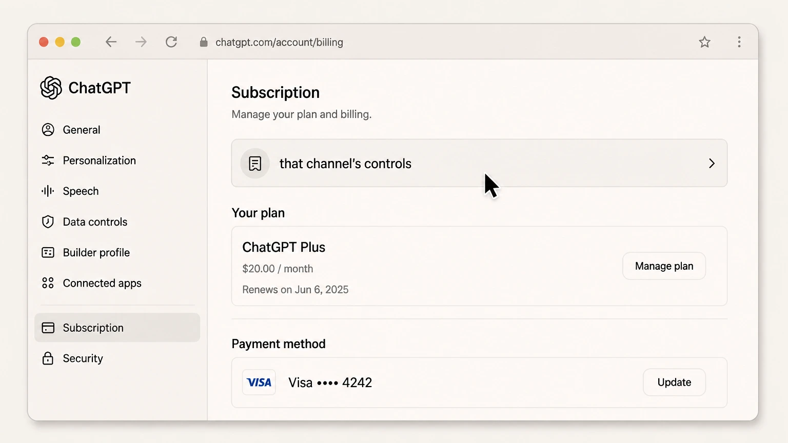 ChatGPT web cancellation: Open that channel’s controls