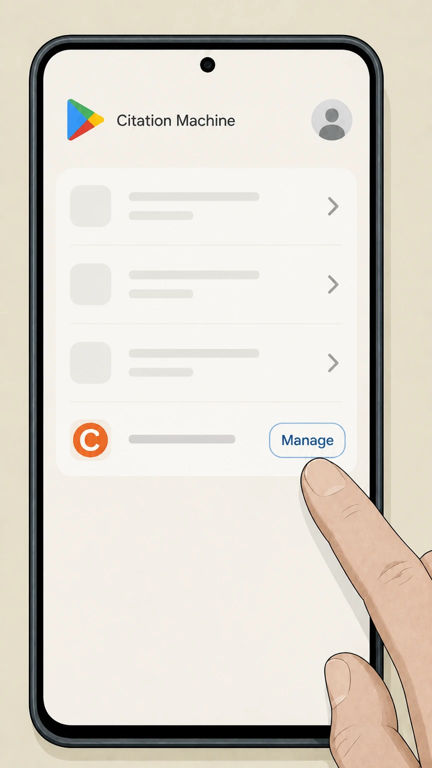 Editorial illustration for Select the Chegg-related subscription in the Google Play Store billing cancellation route for Citation Machine