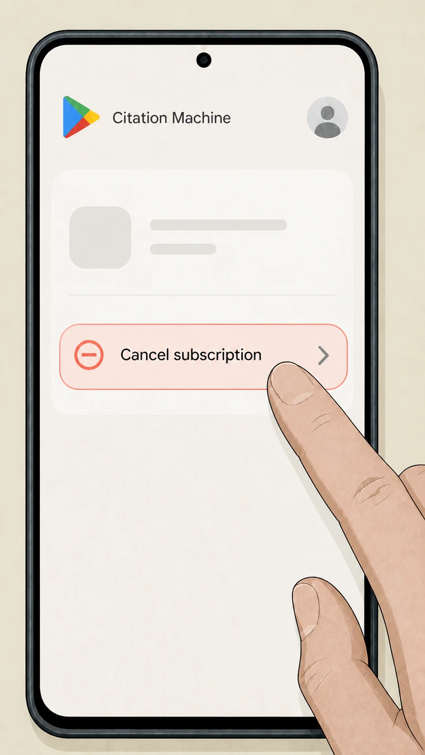 Editorial illustration for Start cancellation in the Google Play Store billing cancellation route for Citation Machine