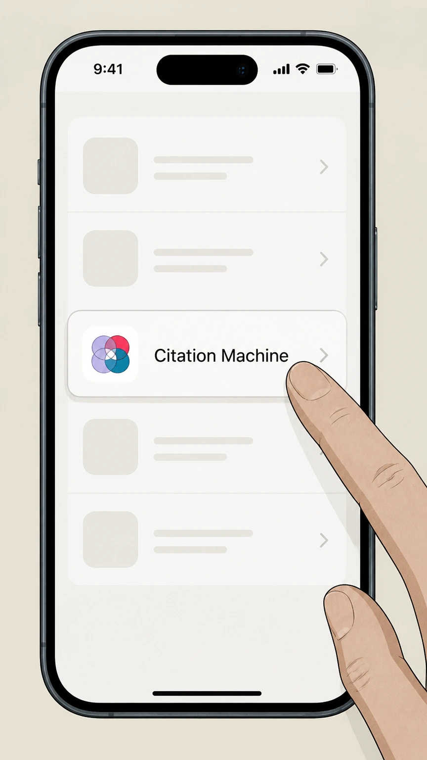 Editorial illustration for Select Citation Machine in the Apple App Store billing cancellation route for Citation Machine