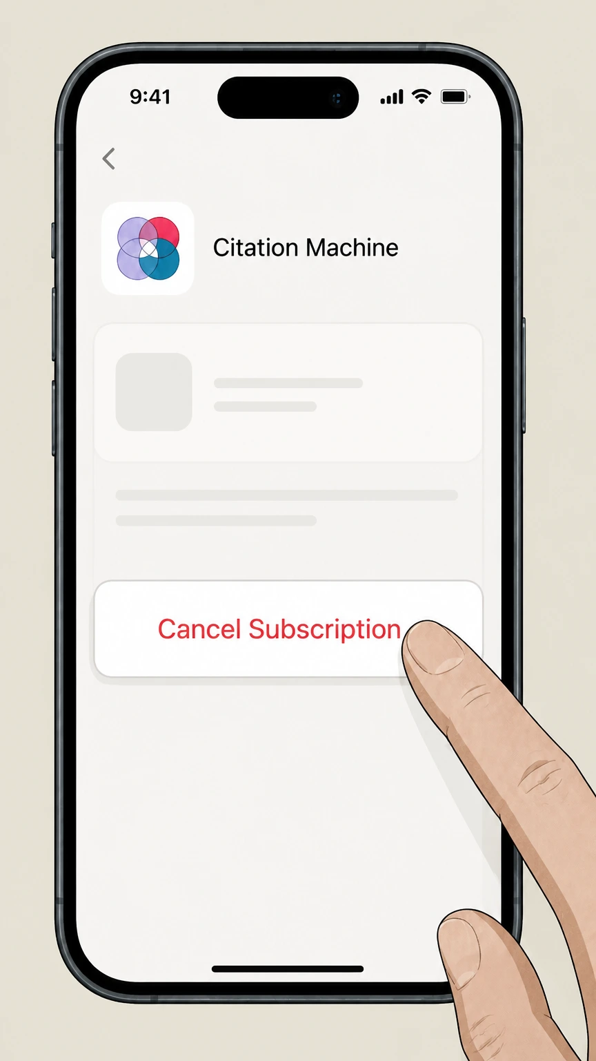 Editorial illustration for Tap Cancel Subscription in the Apple App Store billing cancellation route for Citation Machine