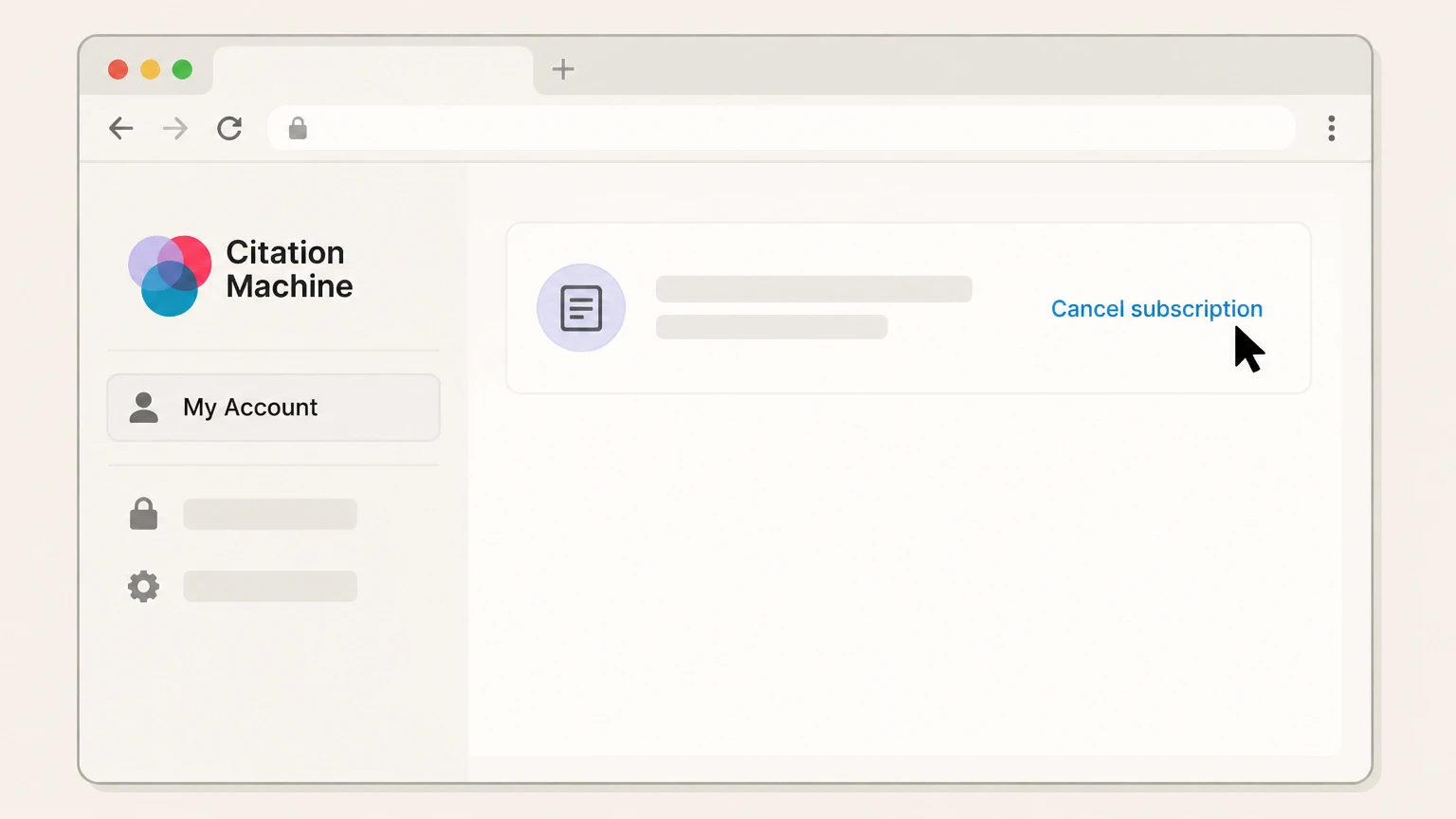 Editorial illustration for Go to Orders, then Select Cancel subscription for the writing tools plan in the Chegg website (direct billing) cancellation route for Citation Machine