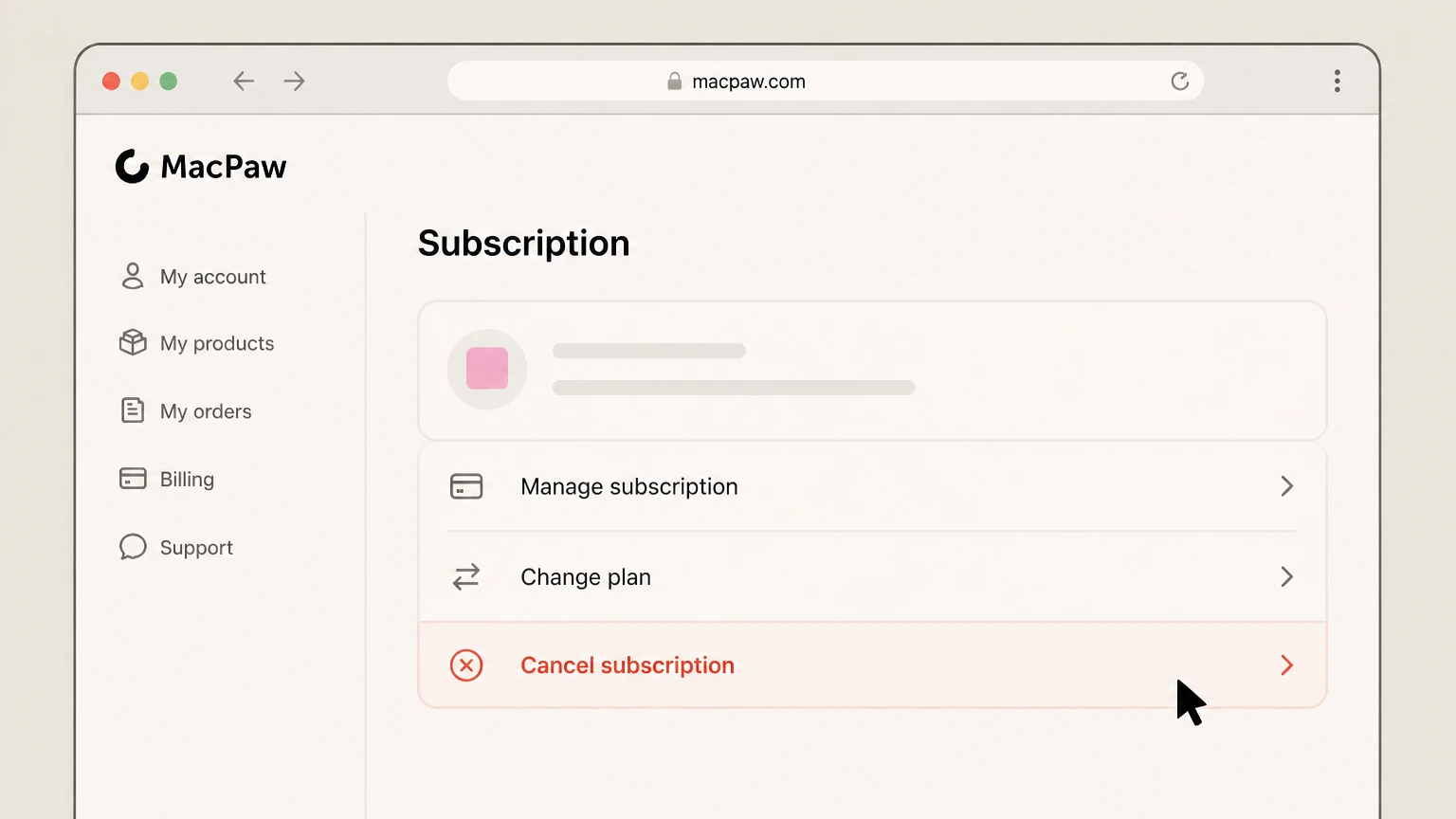 CleanMyMac web cancellation: Choose Cancel subscription