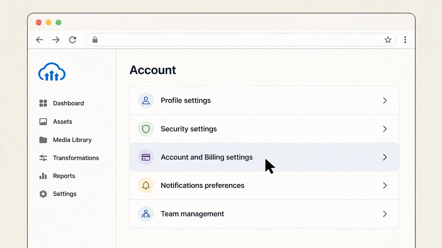 Cloudinary web cancellation: Open Account and Billing settings