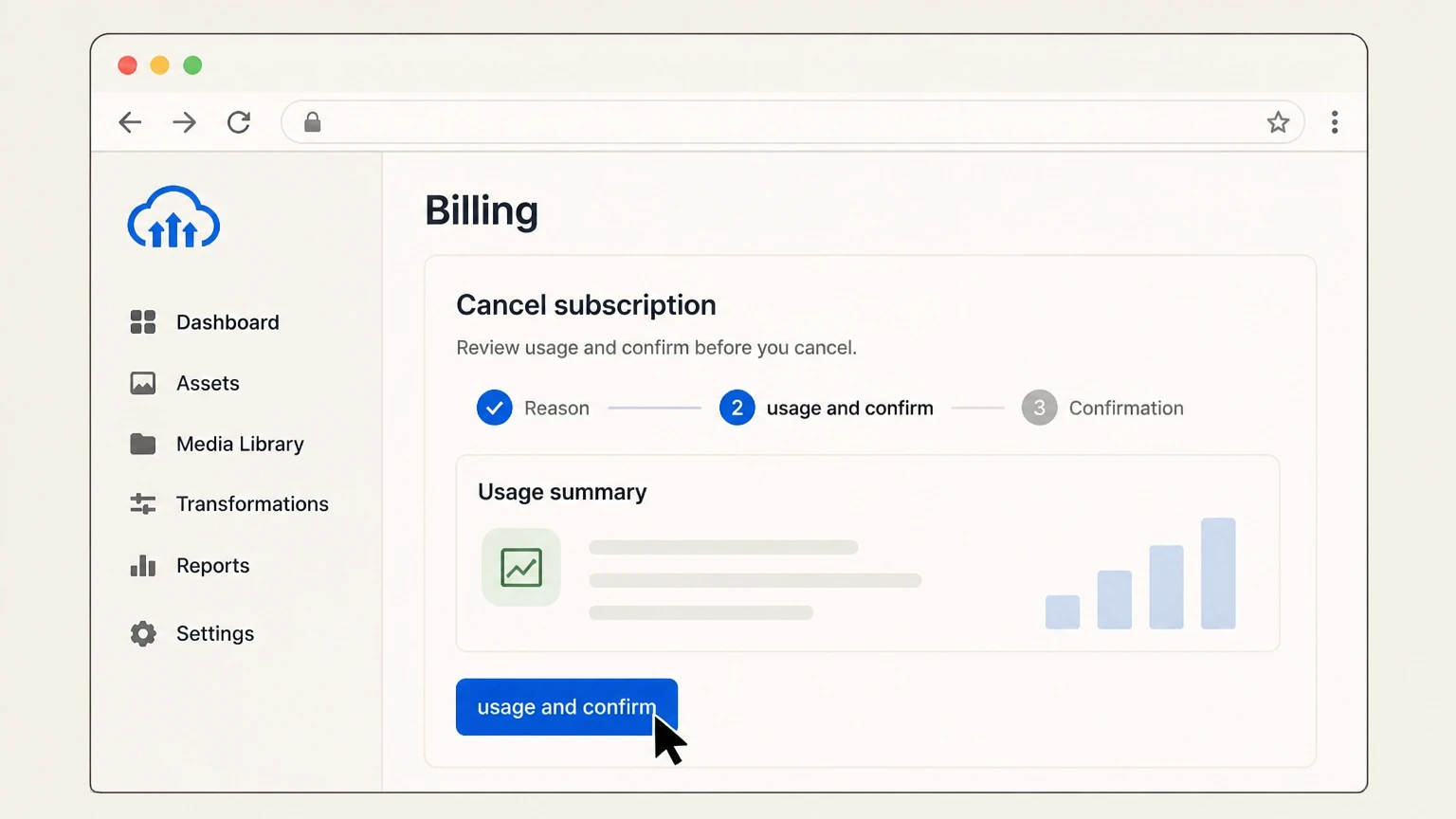 Cloudinary web cancellation: Review usage and confirm