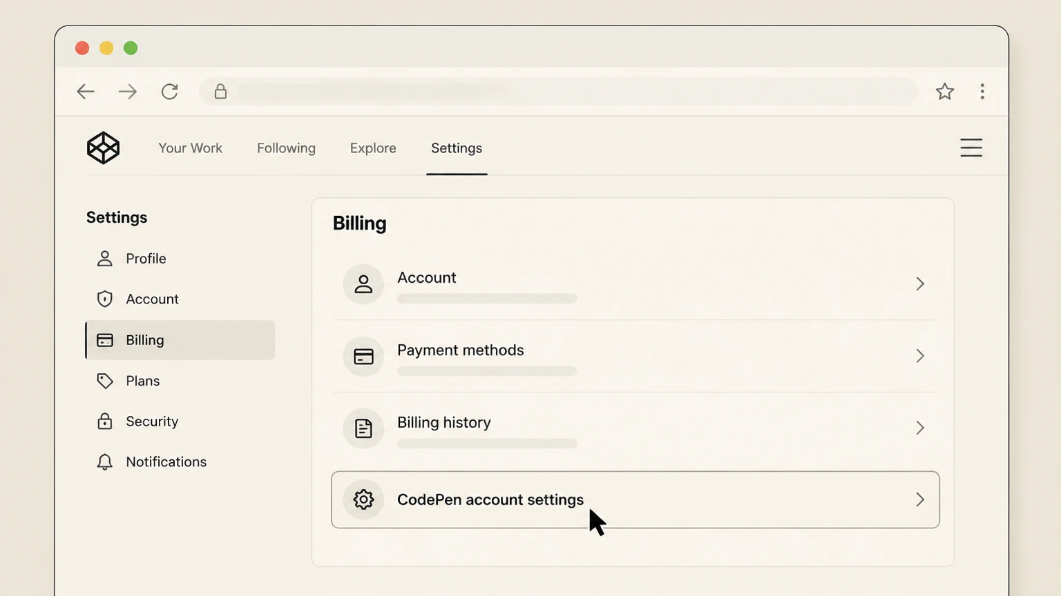 CodePen web cancellation: Open CodePen account settings
