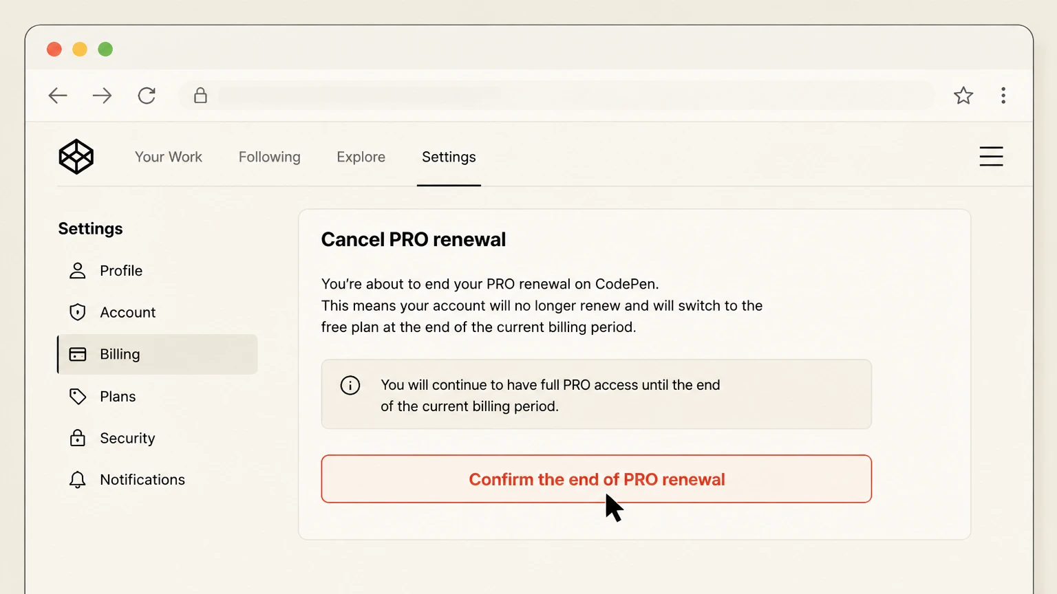 CodePen web cancellation: Confirm the end of PRO renewal