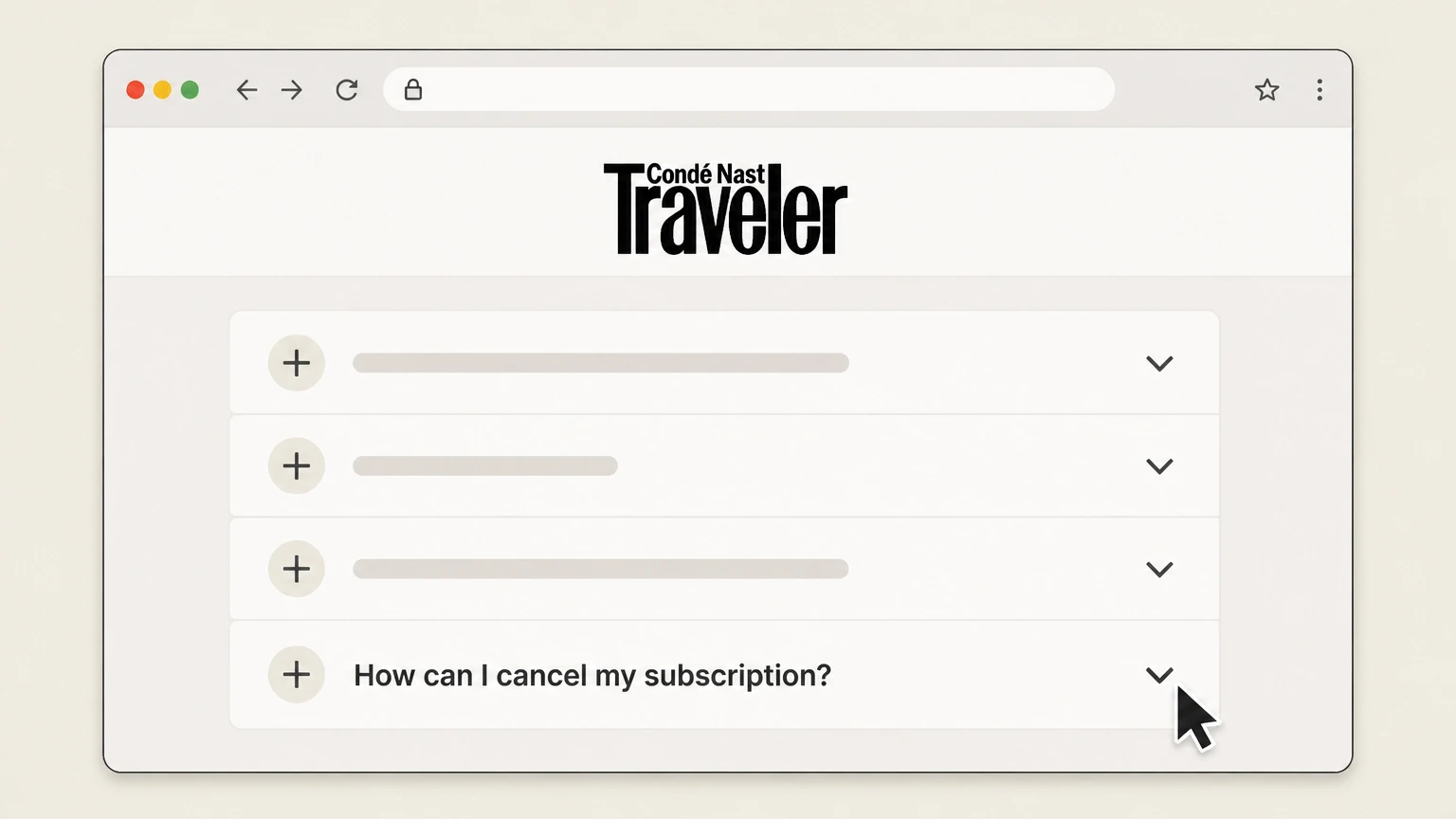 Condé Nast Traveler Condé Nast Traveler Customer Service website (Condé Nast billing) cancellation: Open the “How can I cancel my subscription?” FAQ
