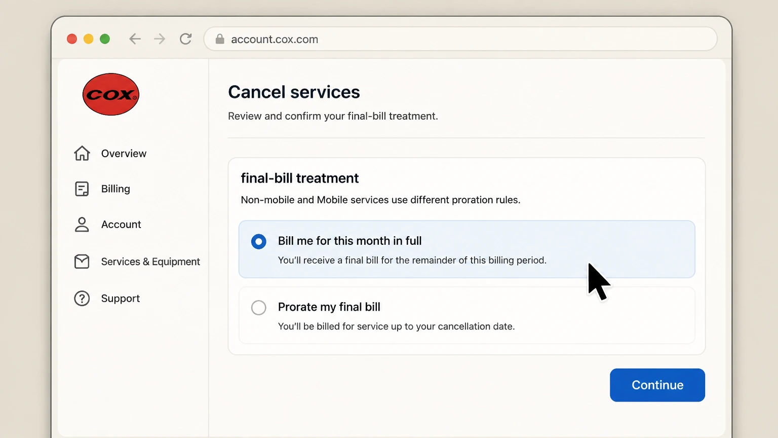 Cox internet-provider cancellation: Confirm final-bill treatment