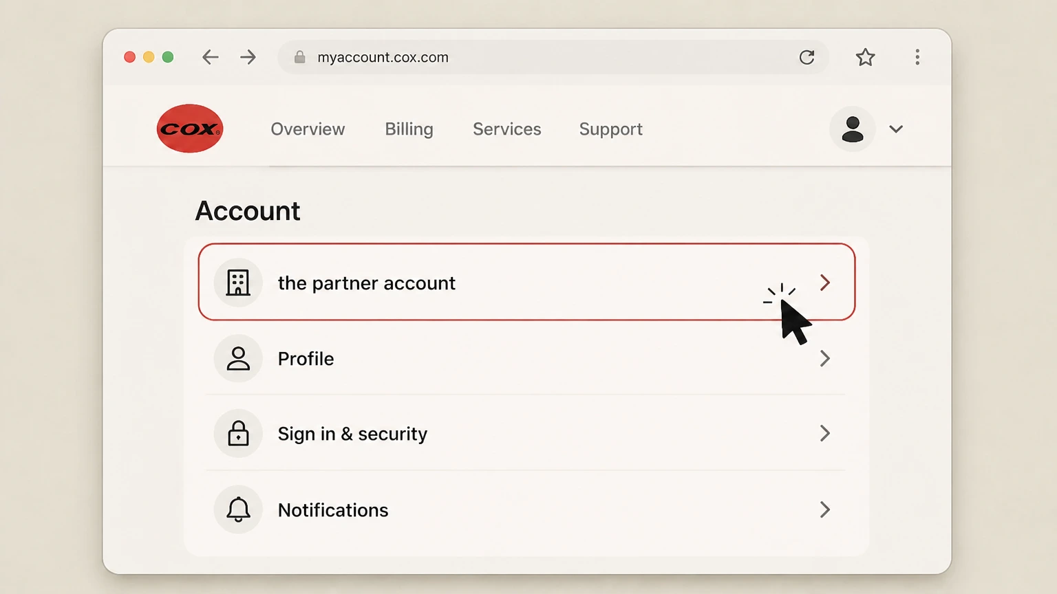 Cox mobile-carrier cancellation: Open the partner account