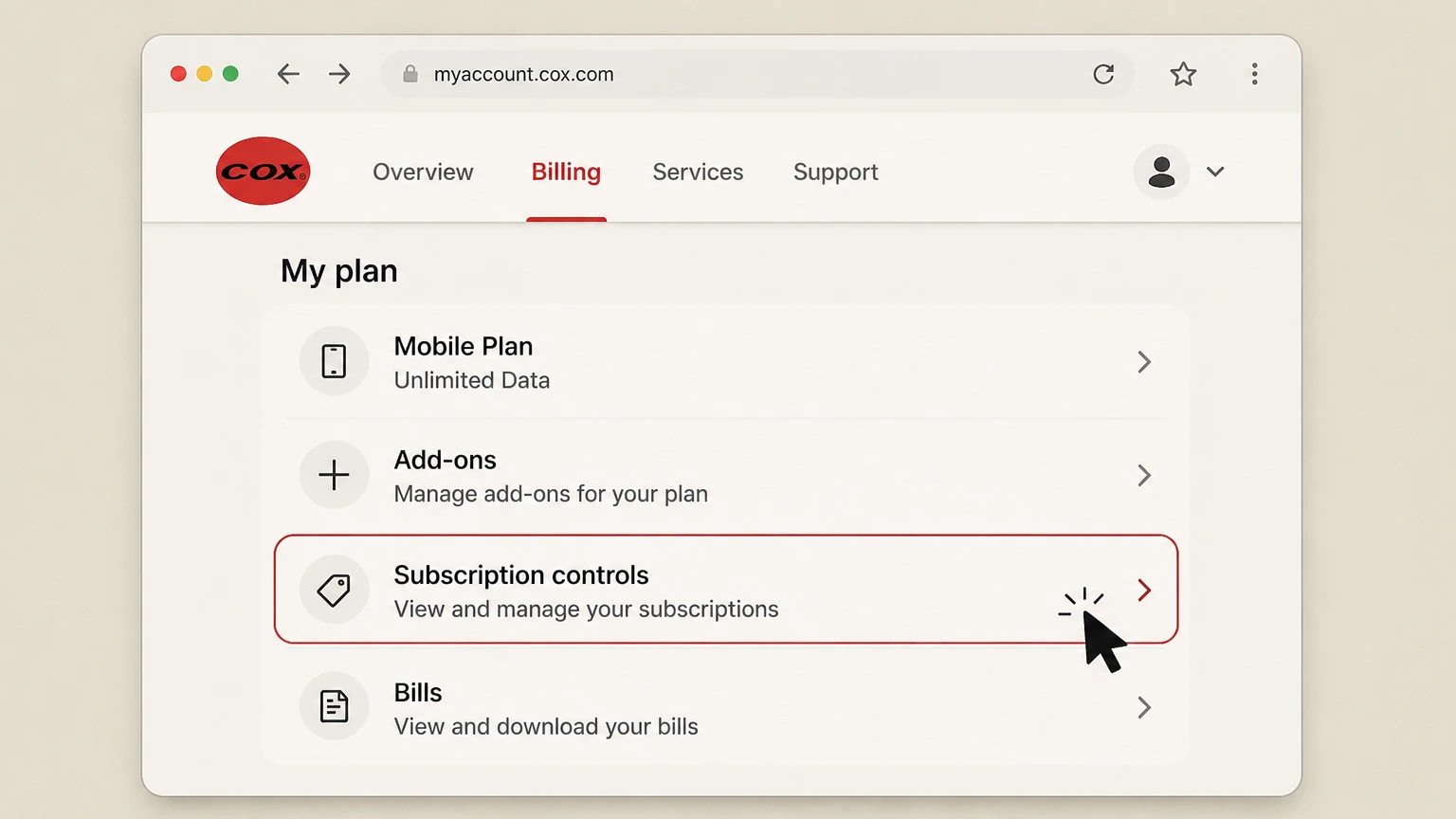 Cox mobile-carrier cancellation: Find subscription controls