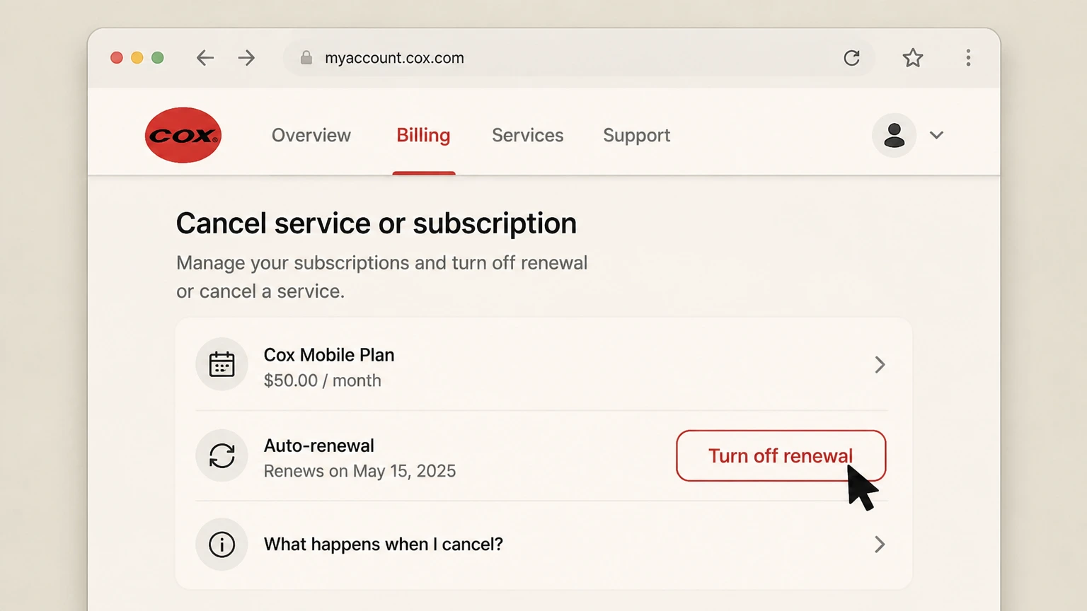 Cox mobile-carrier cancellation: Turn off renewal