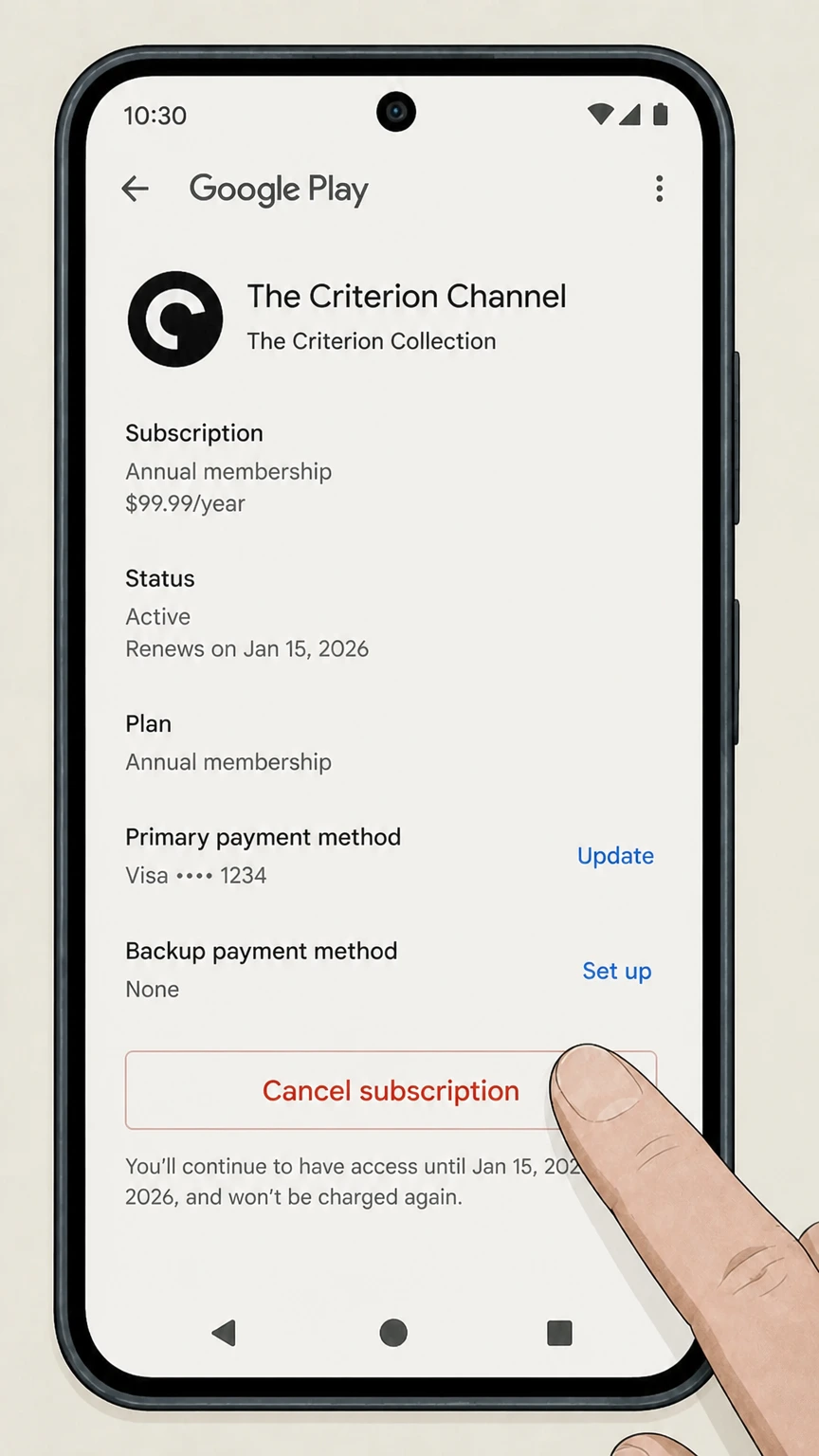 The Criterion Channel google-play cancellation: Tap Cancel subscription
