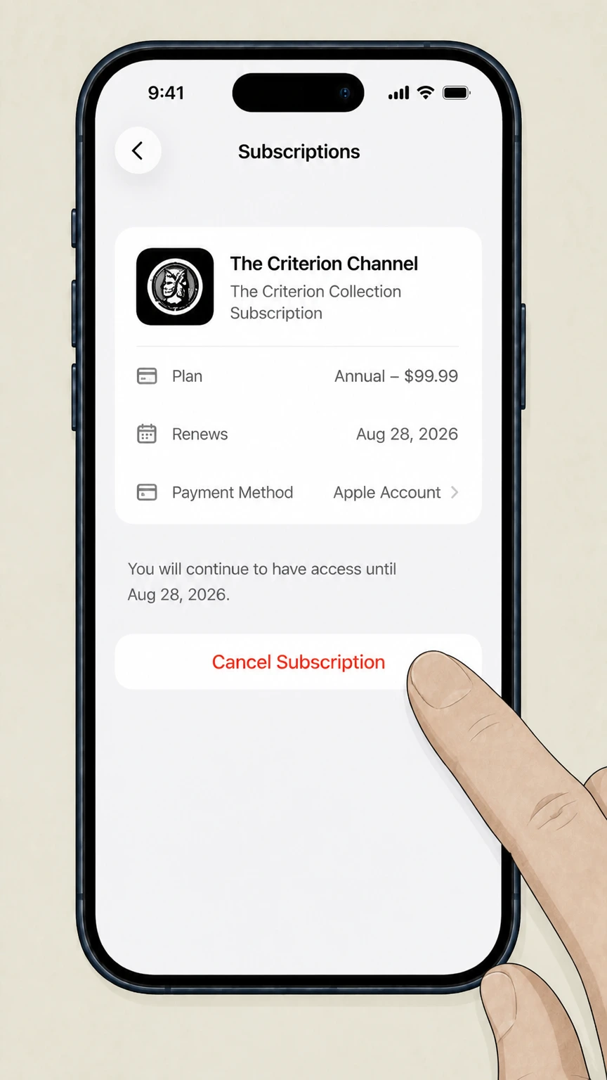 The Criterion Channel ios cancellation: Tap Cancel Subscription