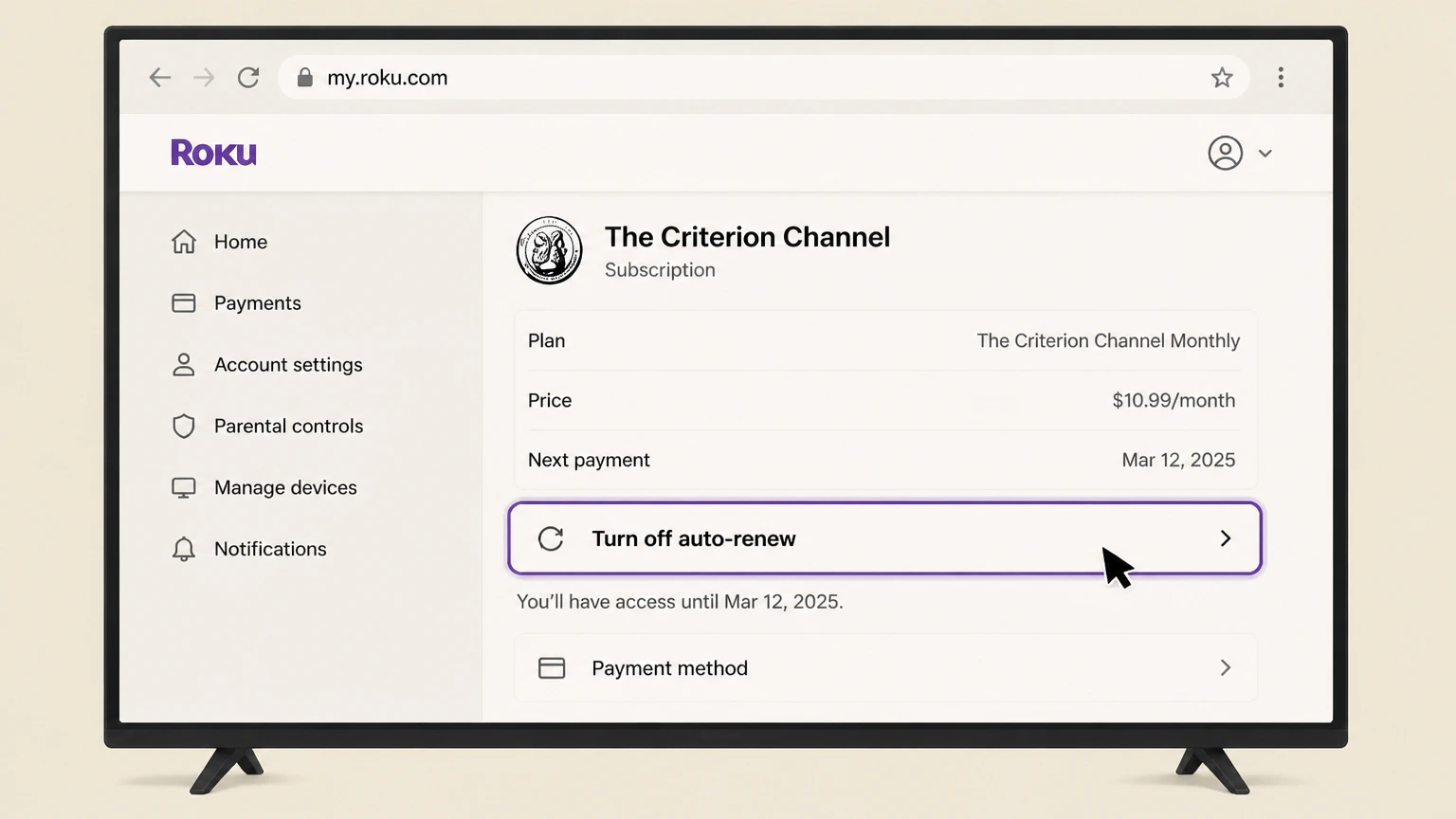 The Criterion Channel roku cancellation: Turn off auto-renew