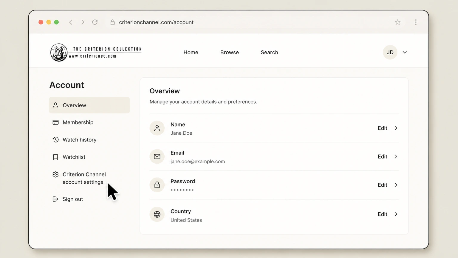 The Criterion Channel web cancellation: Open Criterion Channel account settings