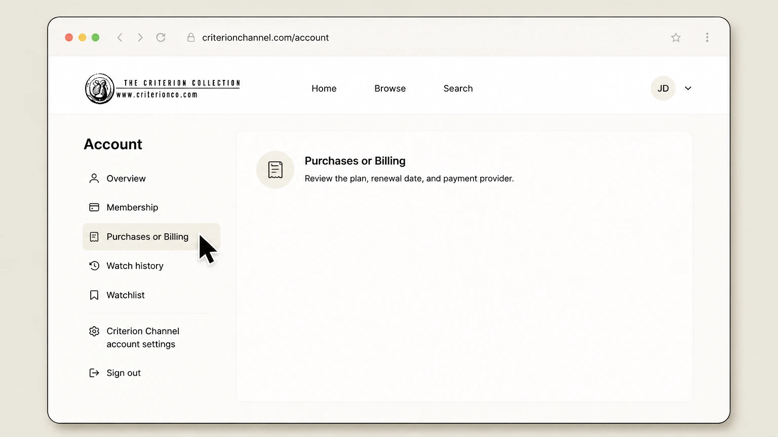 The Criterion Channel web cancellation: Open Purchases or Billing