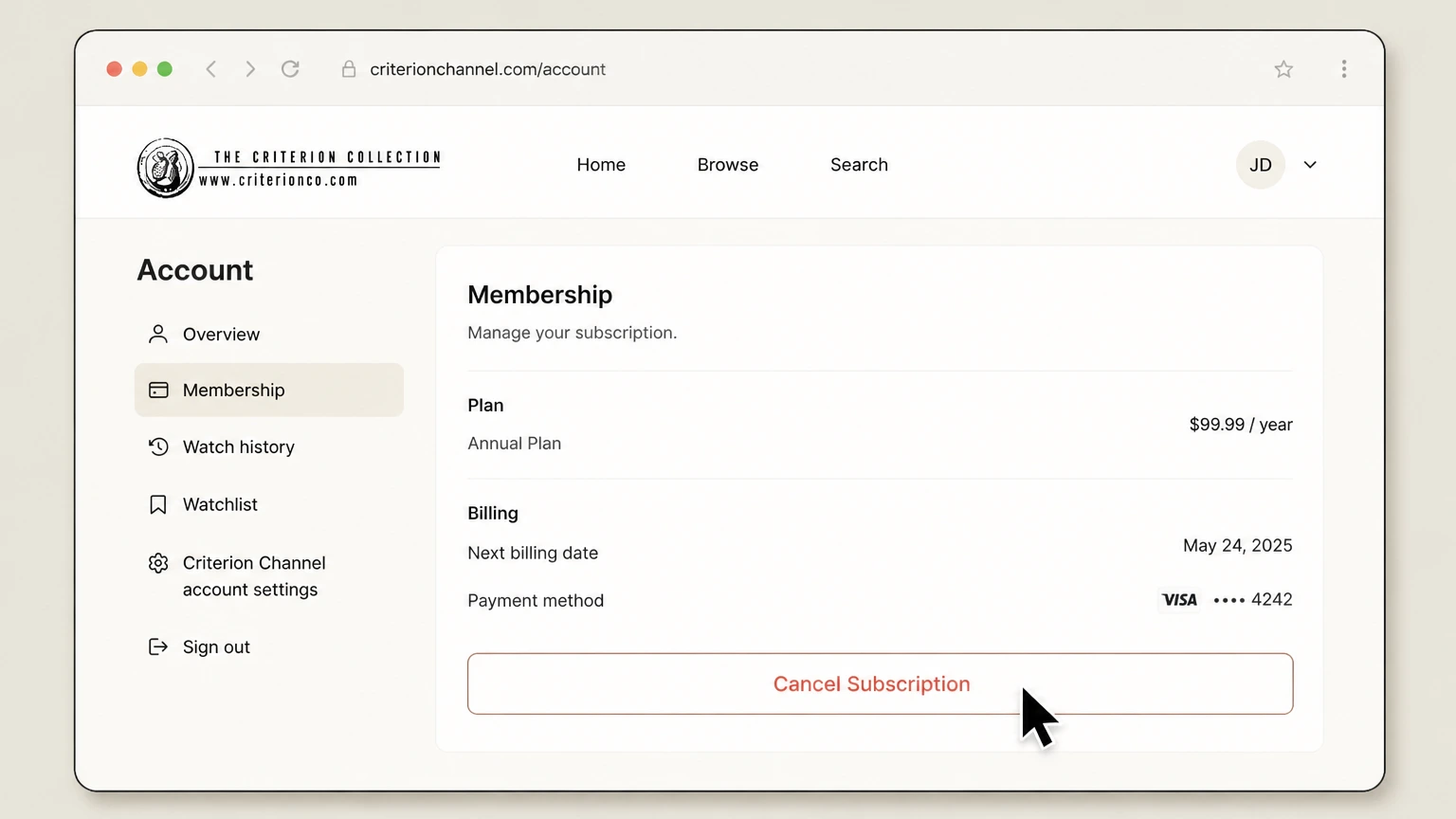 The Criterion Channel web cancellation: Choose Cancel Subscription