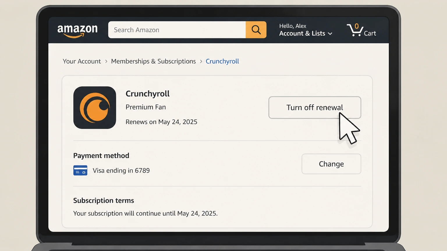 Crunchyroll amazon cancellation: Turn off renewal
