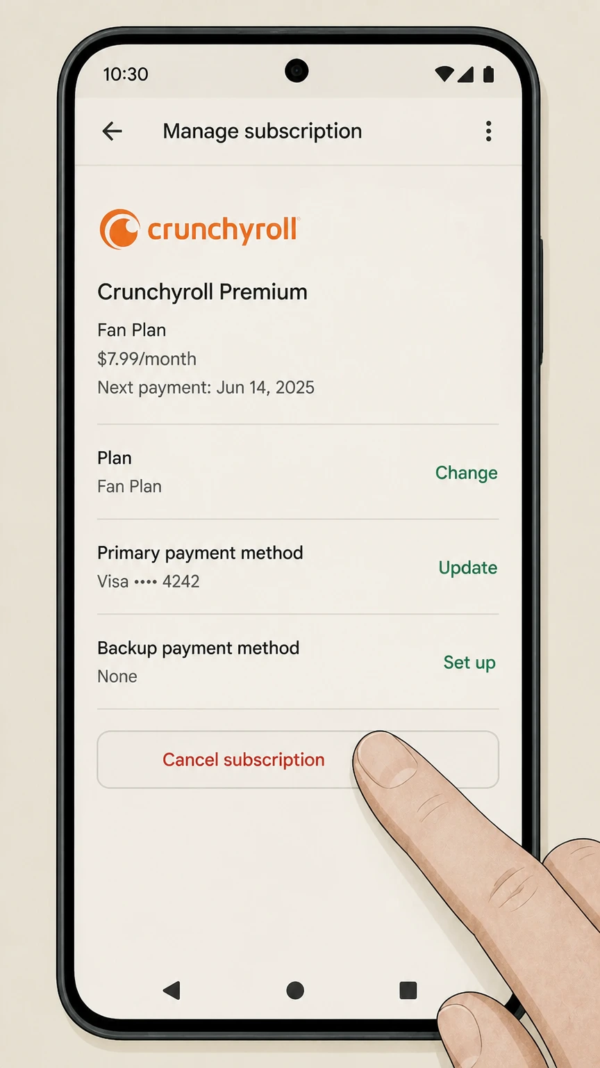 Crunchyroll google-play cancellation: Tap Cancel subscription
