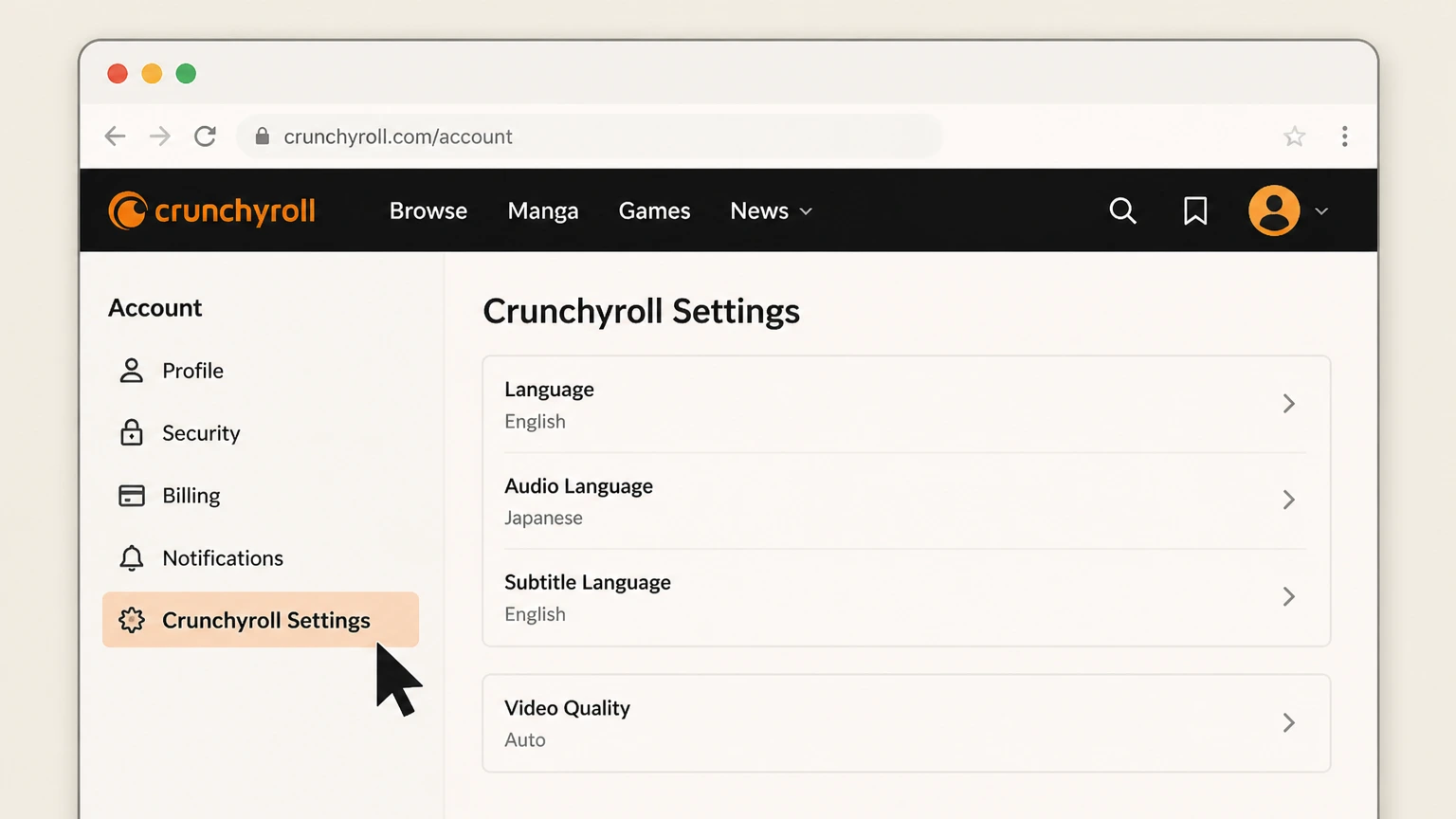 Crunchyroll web cancellation: Open Crunchyroll Settings