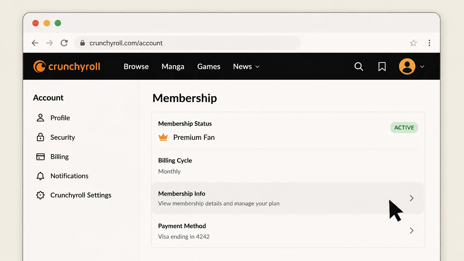 Crunchyroll web cancellation: Open Membership Info