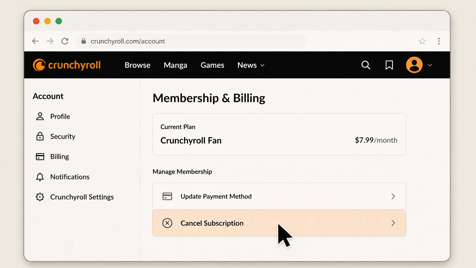 Crunchyroll web cancellation: Choose Cancel Subscription