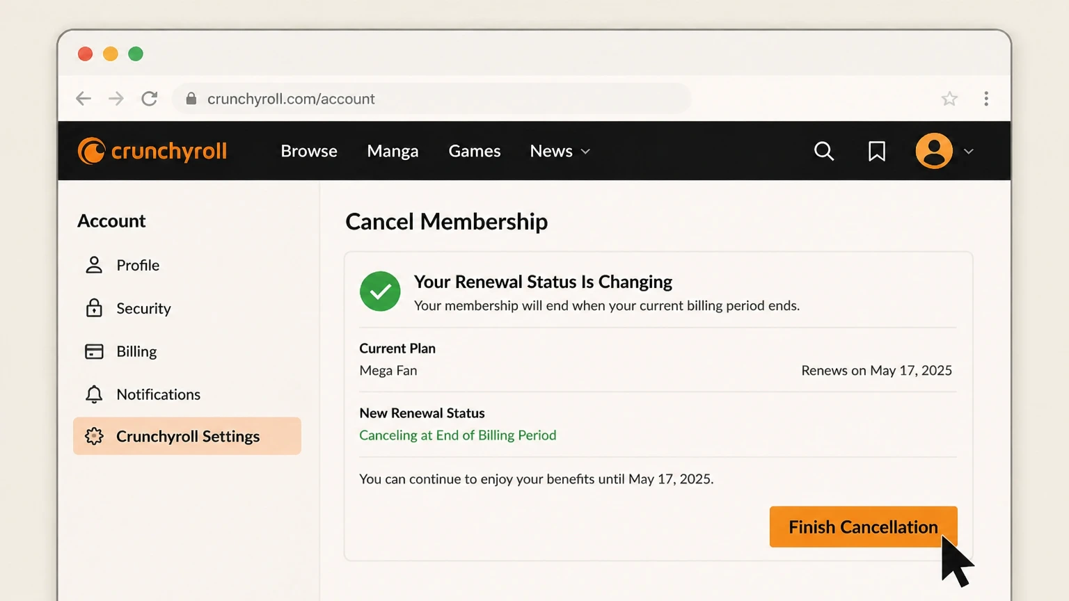 Crunchyroll web cancellation: Finish Cancellation