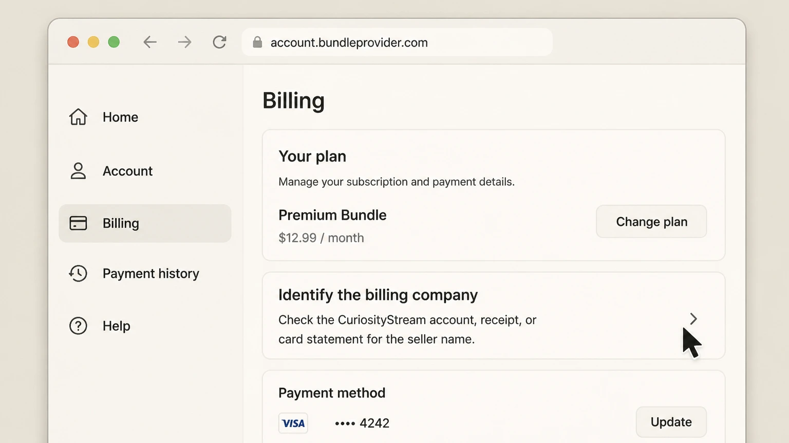 CuriosityStream bundle-partner cancellation: Identify the billing company