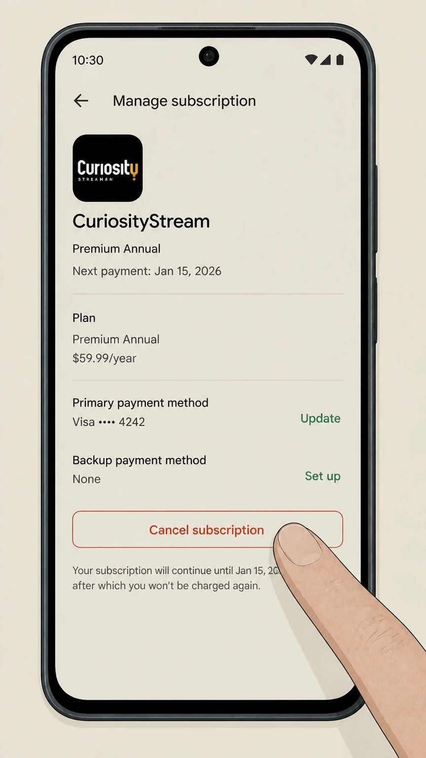 CuriosityStream google-play cancellation: Tap Cancel subscription