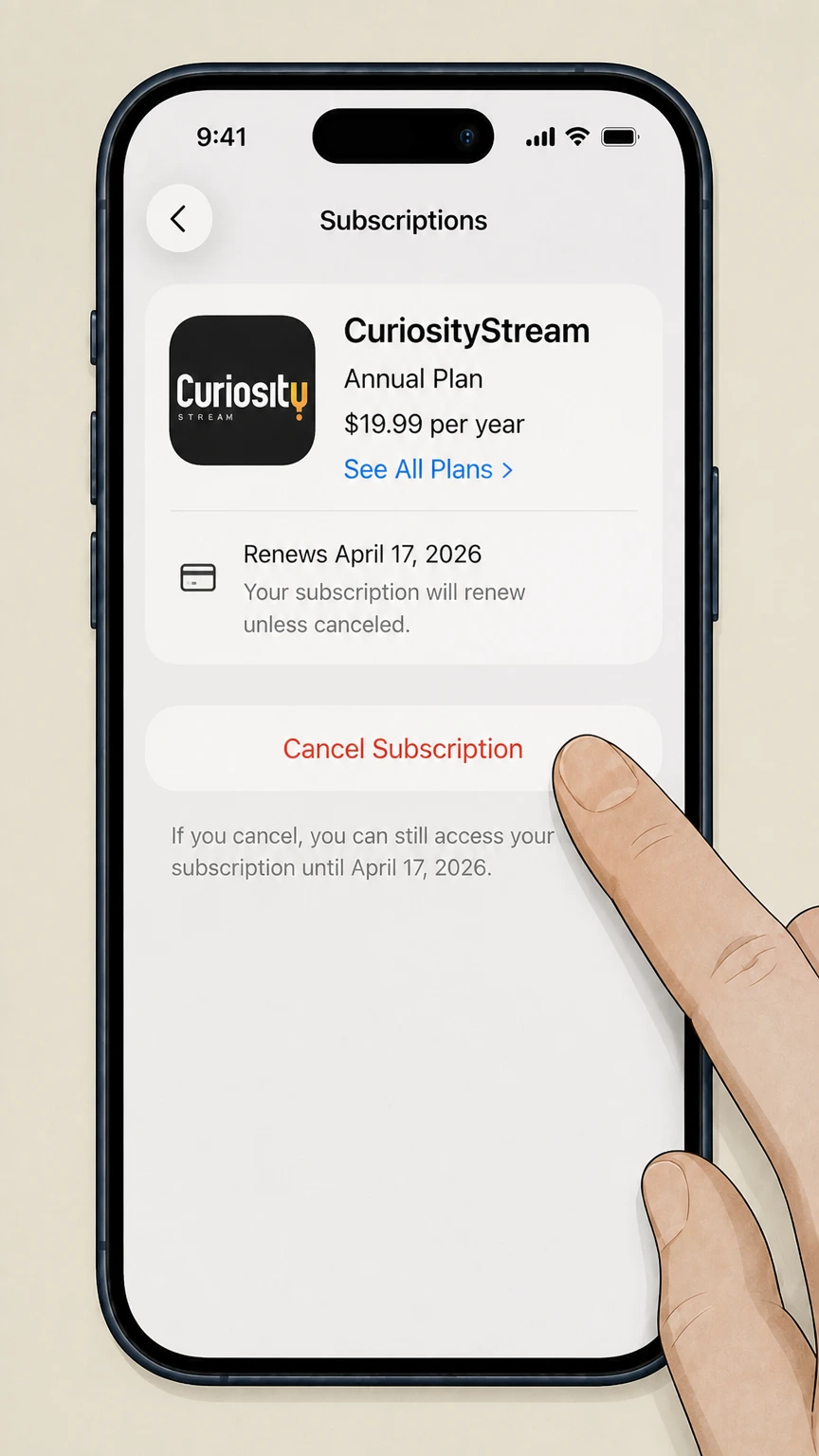 CuriosityStream ios cancellation: Tap Cancel Subscription