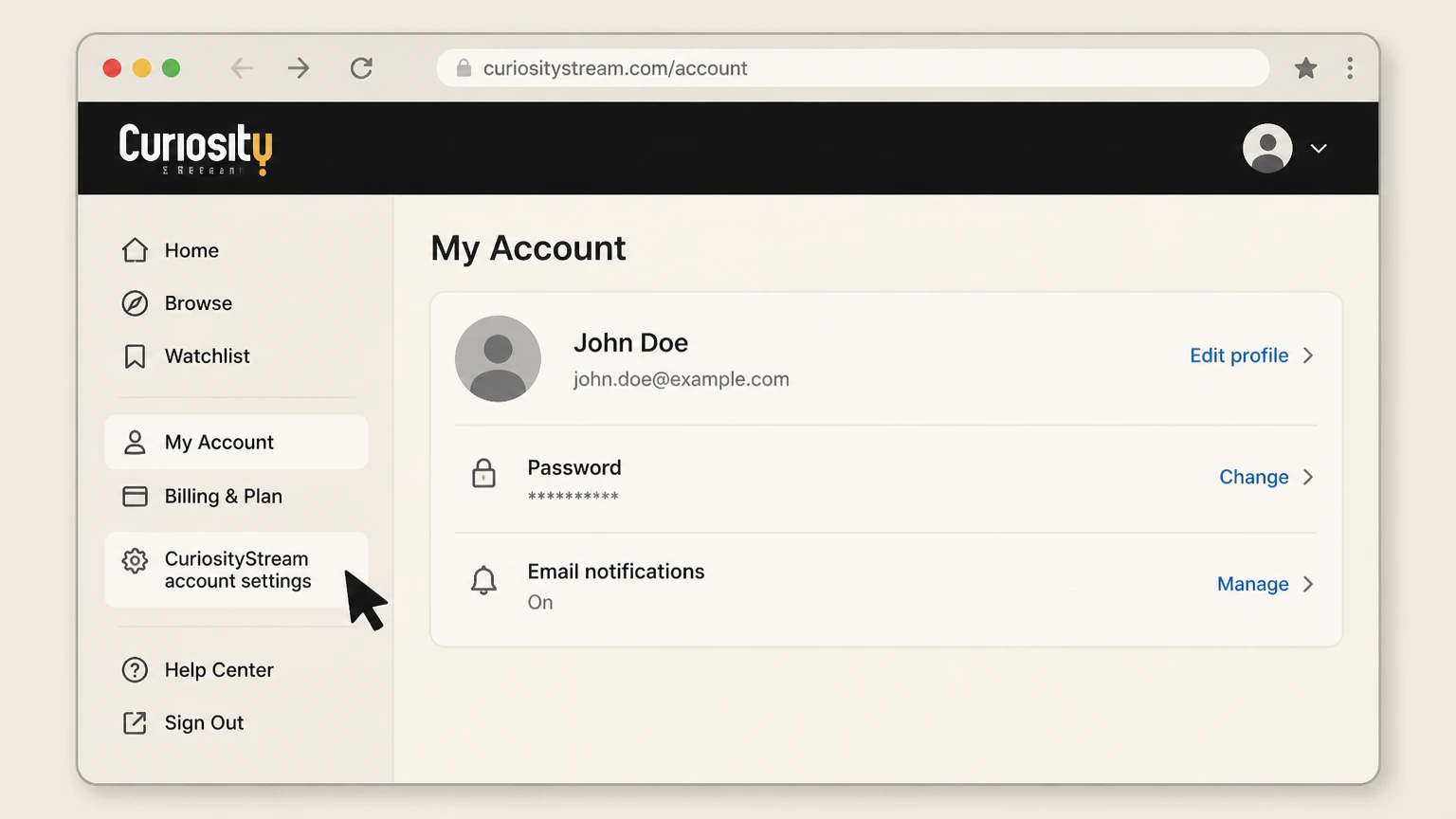CuriosityStream web cancellation: Open CuriosityStream account settings