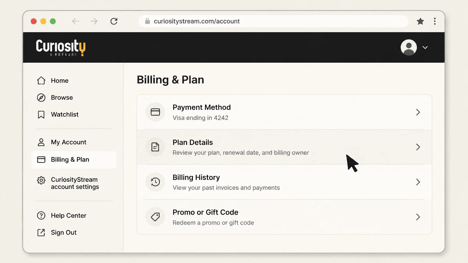 CuriosityStream web cancellation: Open Plan Details