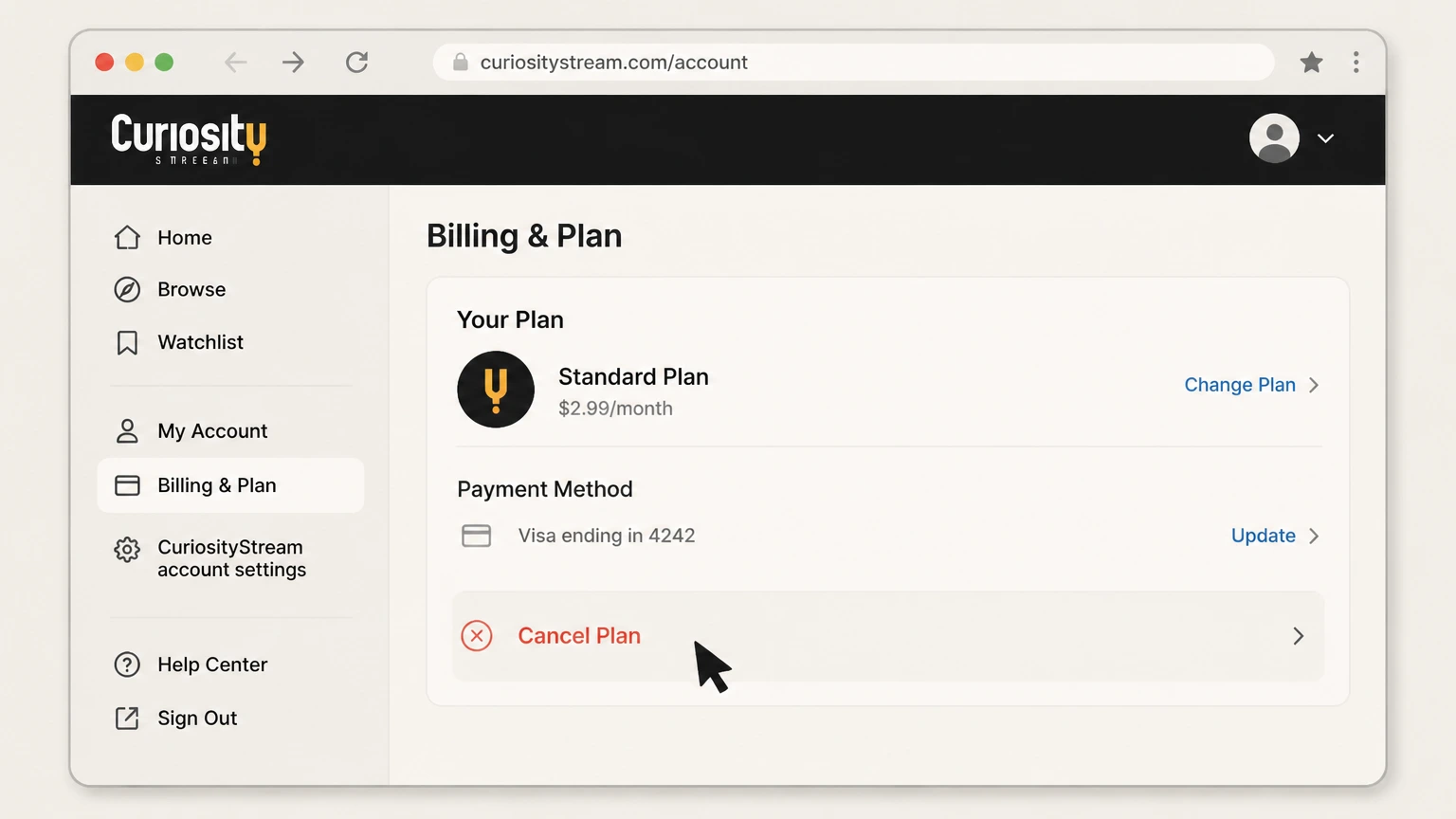 CuriosityStream web cancellation: Choose Cancel Plan