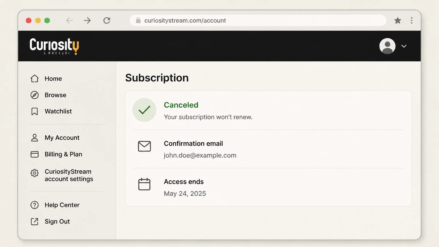 CuriosityStream web cancellation: Save the expiration state