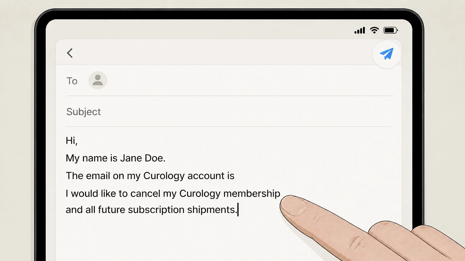 Curology Email Curology Success team cancellation: Provide identifying details and a clear cancellation request
