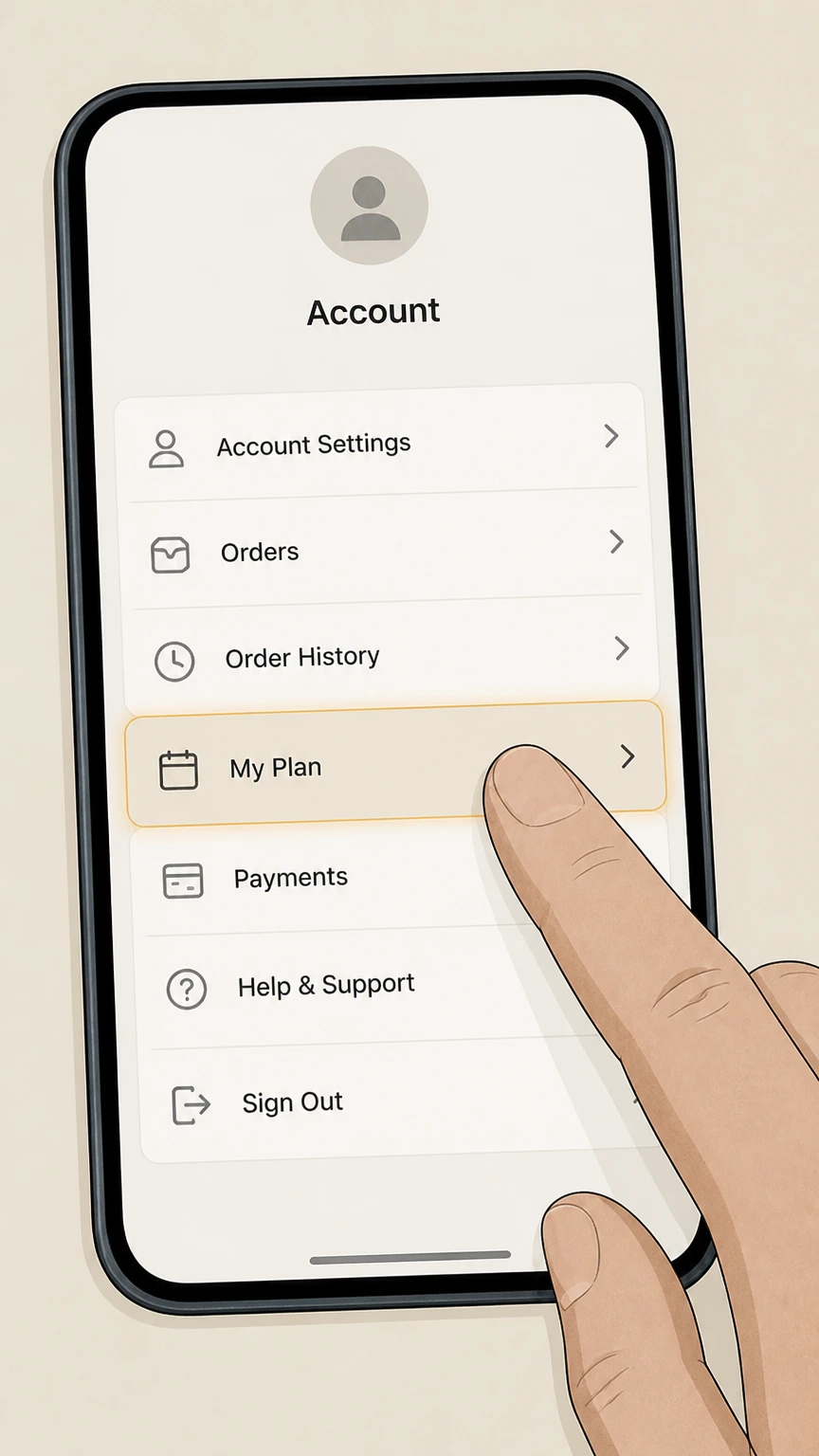 Daily Harvest mobile-app cancellation: Open the mobile app and My Plan