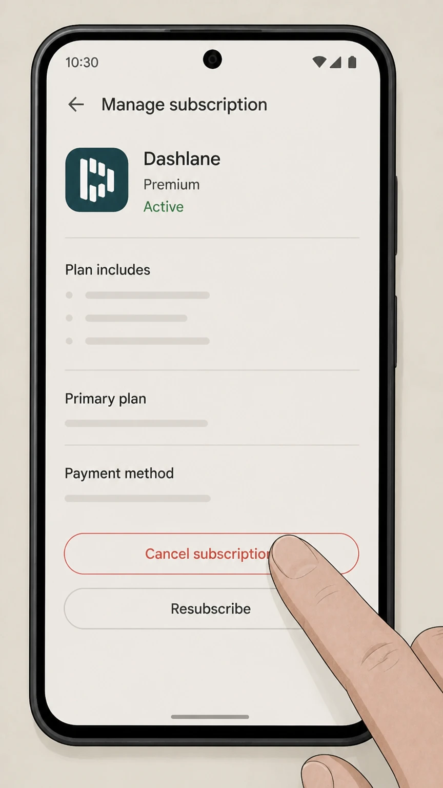 Dashlane google-play cancellation: Tap Cancel subscription and confirm