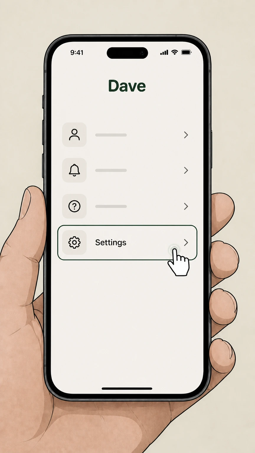 Dave Dave mobile app: Go to Settings