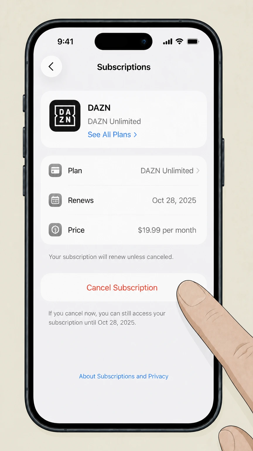 DAZN ios cancellation: Tap Cancel Subscription