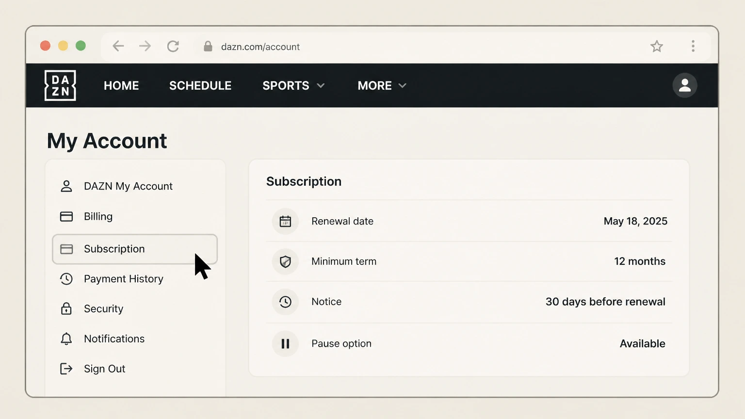 DAZN web cancellation: Open Subscription