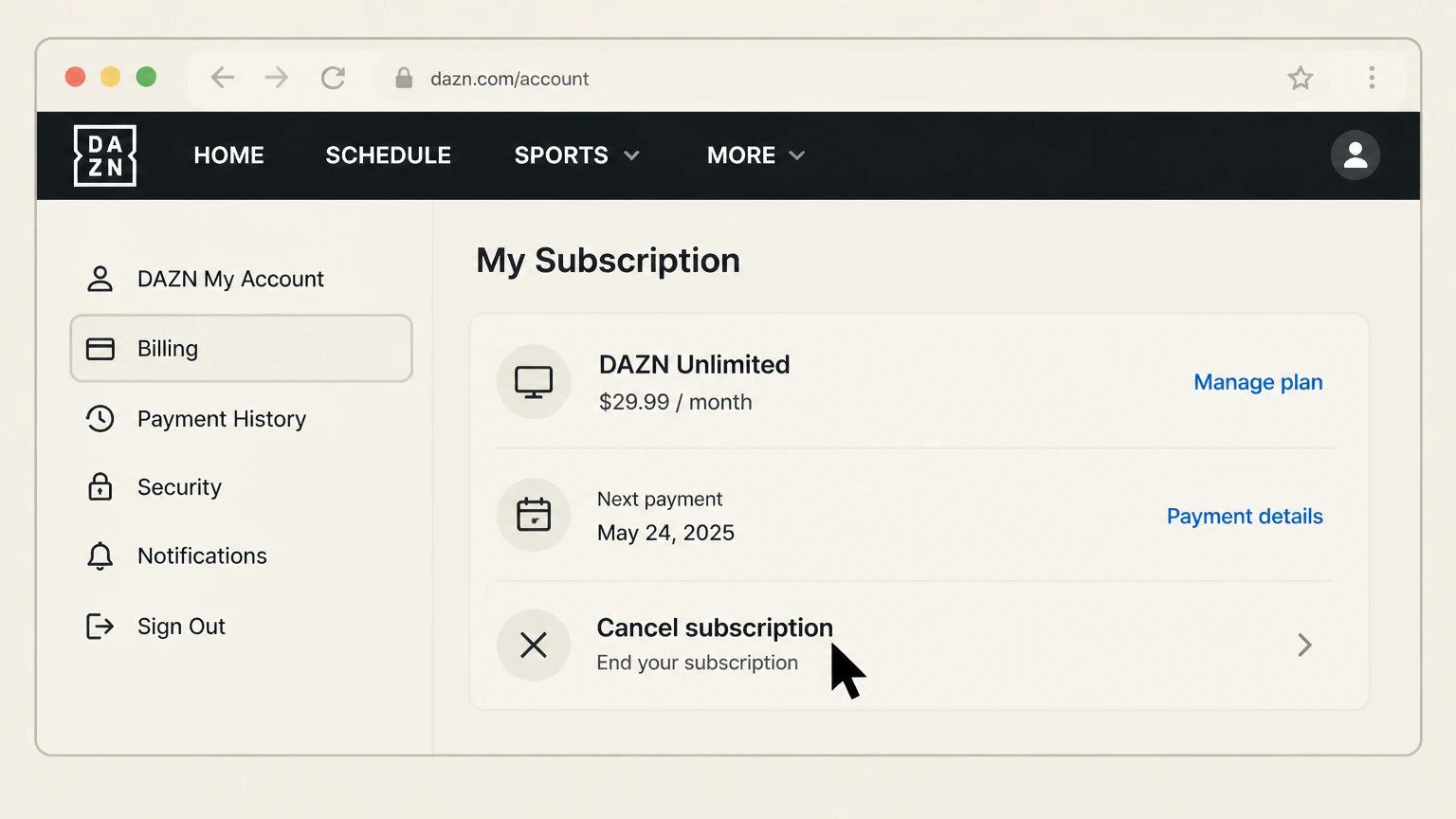 DAZN web cancellation: Choose Cancel subscription