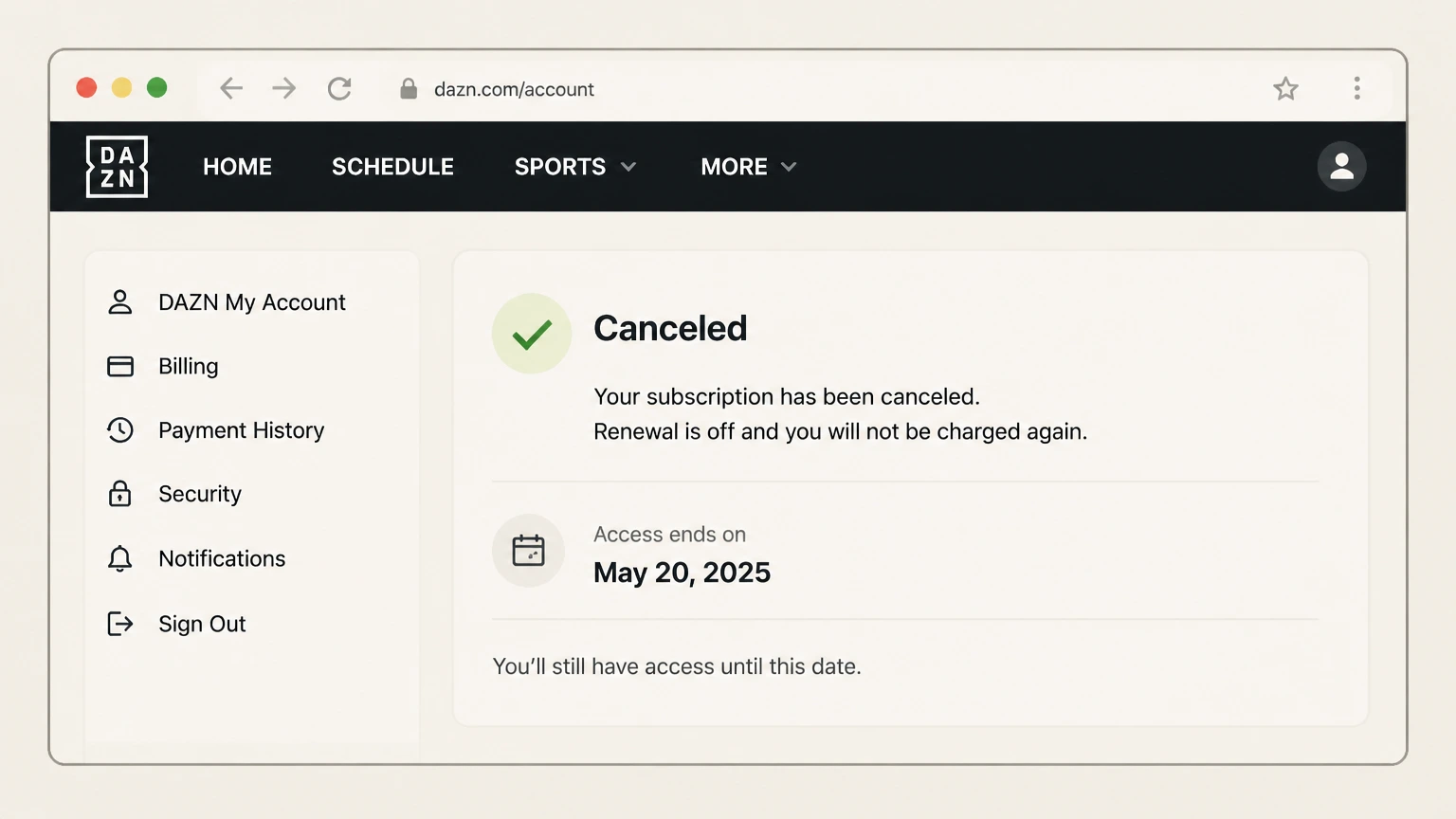 DAZN web cancellation: Verify the effective date