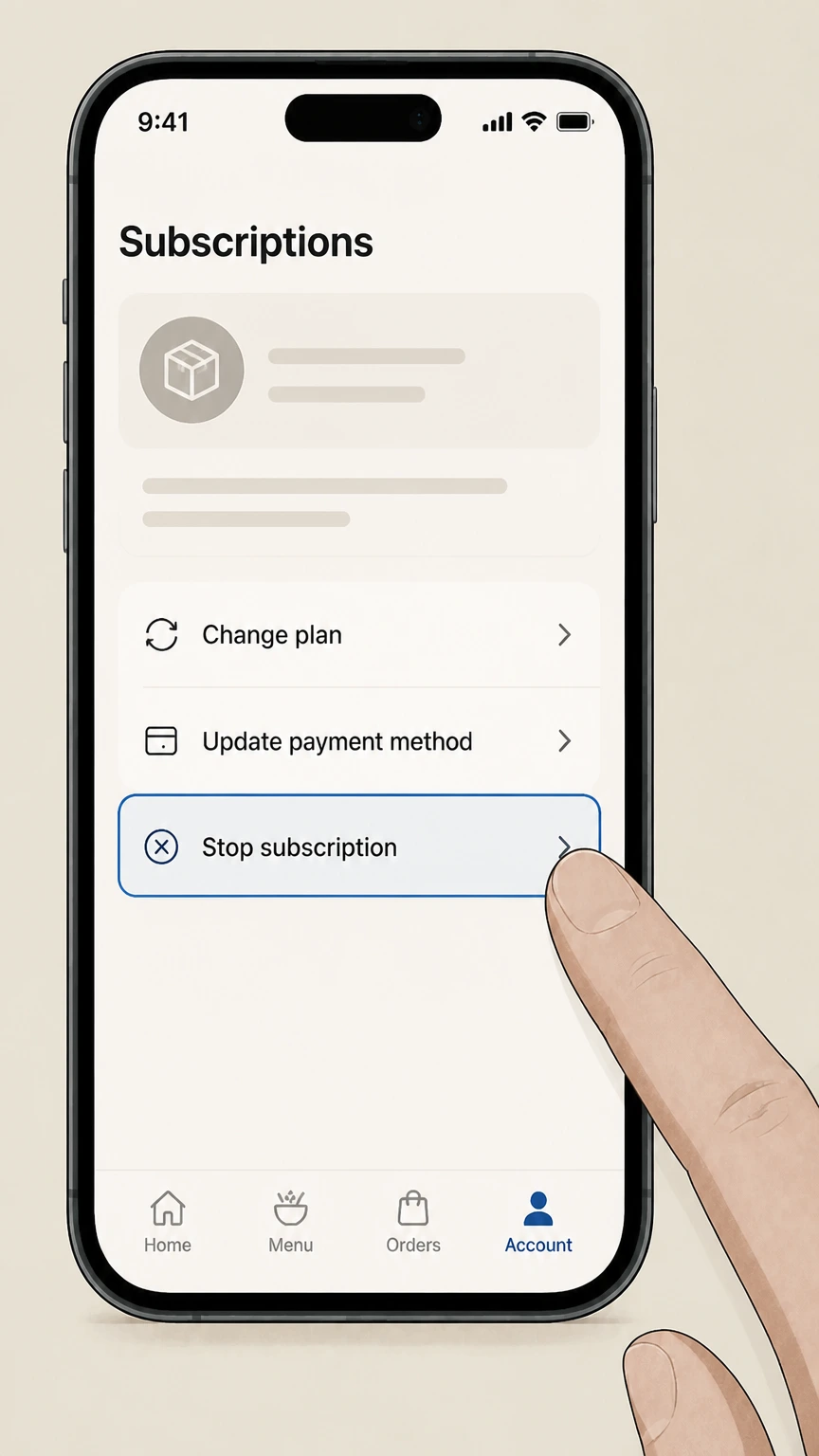 Dinnerly mobile-app cancellation: Choose Stop subscription