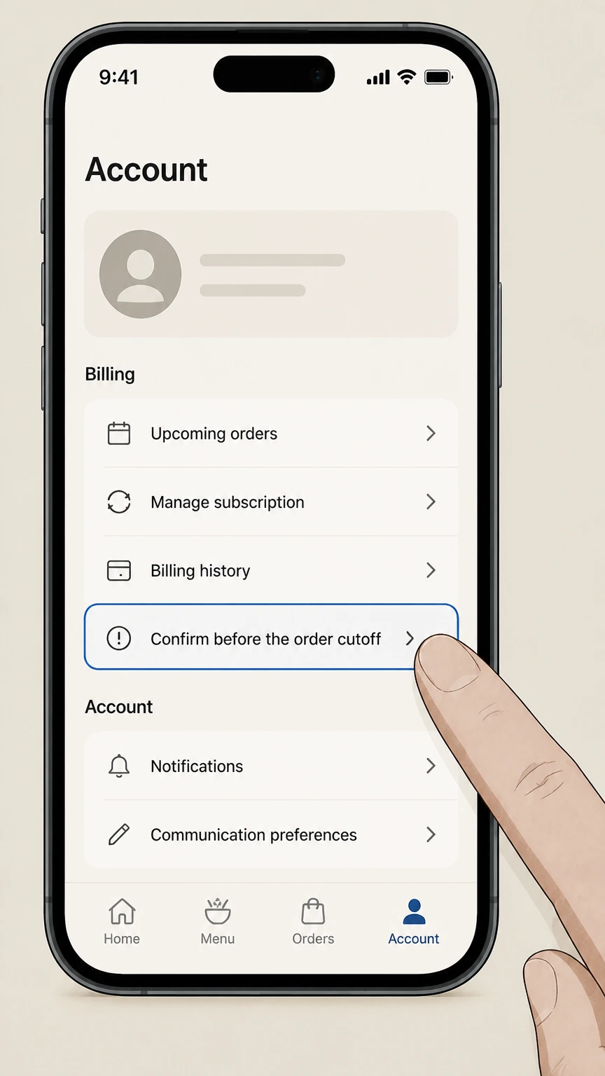 Dinnerly mobile-app cancellation: Confirm before the order cutoff