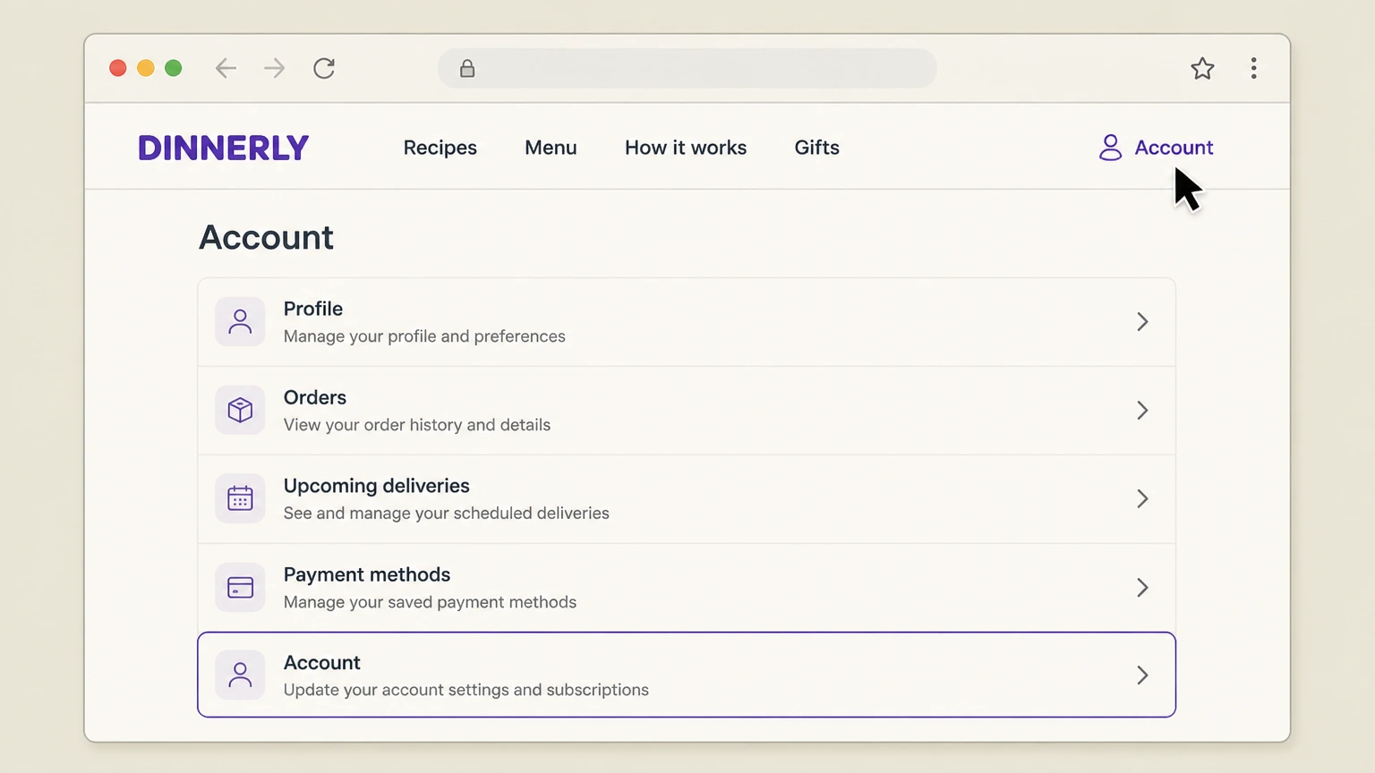 Dinnerly web cancellation: Open the Account page