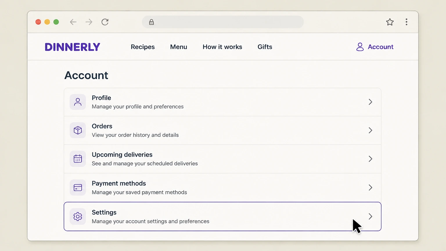 Dinnerly web cancellation: Open Settings