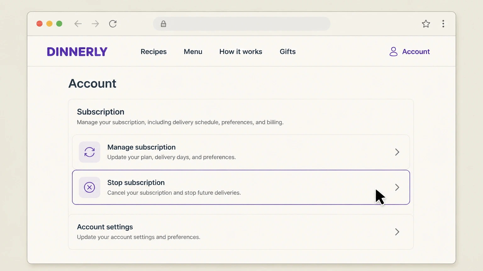 Dinnerly web cancellation: Choose Stop subscription