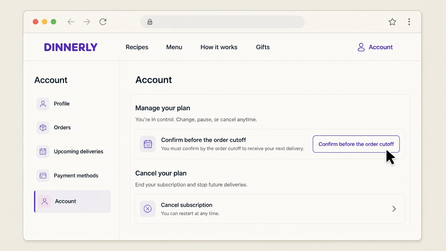 Dinnerly web cancellation: Confirm before the order cutoff